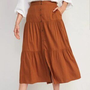 Burnt Orange Tiered Button-Front Midi Skirt size M